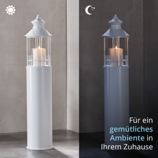 KHG Laterne Leuchtturm 2er Set mit Kerze aus Metall/Glas in weiß, Kerzenständer, Kerzenhalter, Outdoor und Indoor, Deko, Glaseinsatz, für Wohnzimmer, Balkon, Terrasse, Garten usw.