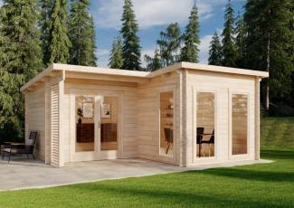 Alpholz Gartenhaus Modell Orkus-44 Plus Gartenhaus aus Holz Holzhaus mit 44 mm Wandstärke inklusive Terrasse Blockbohlenhaus mit Montagematerial