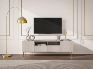 Vente-unique - TV-Möbel - 2 Türen, 2 Schubladen und 2 Ablagefächer - MDF und Stahl - Beige und Goldfarben - EVILANA