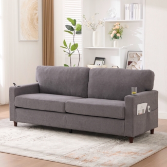 LVHOM 2-Sitzer Sofa mit USB&LED, Zweier Polstersofa Chenille Bezug, Loveseat mit Getränkehaltern, Doppelsofa Stoffsofa Loungesofa, Hellgrau