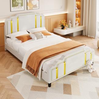 Merax Polsterbett, Doppelbett 140x200cm mit Goldstreifen Samtbezug, Beige