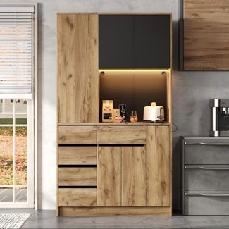 Merax Küchenschrank mit 4-stöckigem Auszieh-Gewürzregal, verstellbaren Einlegeböden, LED-Beleuchtung & Steckdose, Natur, 185x105x40 cm