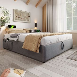 BlingBin Einzelbett Polsterbett (1-tlg, Struraumbett Bettgestell mit USB- C und Vollflächiger Lattenrost), 160×200 cm, Ohne Kopfteil, Baumwolle