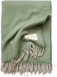 WoolOnly Wolldecke Plaid mit Fransen 130x180 cm, Herringbone Mint-natur
