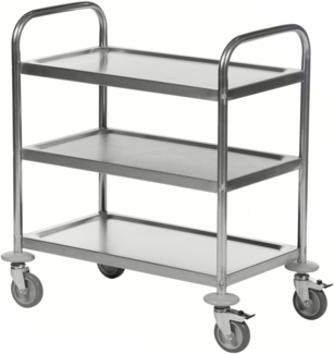 Kongamek Edelstahl- Tischwagen rostfrei mit 3 Böden 685x380mm mit Polyurethanbereifung und Bremse