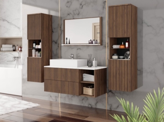 MIRJAN24 Badmöbel-Set Kertos Rillen III, (5er-Set, Spiegel, Waschbeckenschrank, Waschbecken, 2x Schrank), Fronten gefräst, Siphon