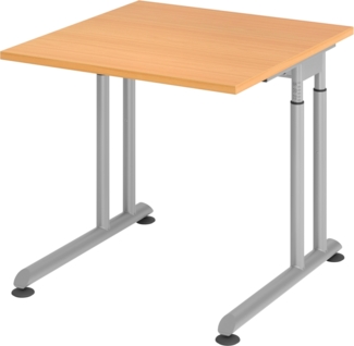 bümö höhenverstellbarer Schreibtisch Z-Serie 80x80 cm in Buche, Gestell in Silber - PC Tisch klein für's Büro manuell höhenverstellbar, Computertisch verstellbar, ZS-08-6-S