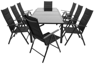 DEGAMO Garten-Essgruppe TORINO 9-teilig, 8x Klappsessel, 1x Ausziehtisch 180/240x100cm Glas, Alu anthrazit
