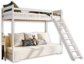 Deine Möbel 24 Etagenbett Jugendbett Couch SIDNEY 90x200/140x200 mit Schlaffunktion (Set, 3-St, Couch in Cord Samt inkl 3 großee Kissen, Weiss Kiefer Natur Grau Beige), Funktionsbett aus Kiefernholz Vollholz inkl. Leiter Lattenrost