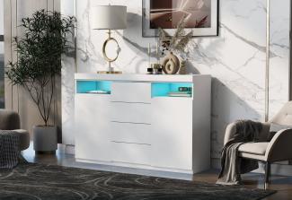 Odikalo Highboard LED-Kommode, Sideboard, Küchenschrank, Mehrzweck, Aufbewahrung, Weiß