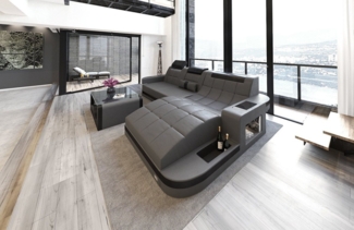 Sofa Dreams Ecksofa Wave L Form Ledersofa LED, 4-Sitzer, Echtleder Premium, Grau-Schwarz, Ottomane rechts mit Bett