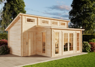 Alpholz Gartenhaus Lausitz ISO mit Anbau Gartenhaus aus Holz in Pinie Holzhaus mit 70 mm Wandstärke Blockbohlenhaus mit Montagematerial