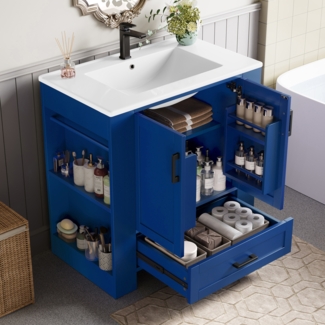 Bodenstehender Badezimmerschrank, Waschtisch, Volllackierung, Doppeltürregale, geräuschlose Schubladen, Regale auf beiden Seiten, integriertes Keramikwaschbecken, Blau, 76 x 46 x 78,5 cm