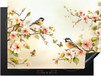 MuchoWow Herd-Abdeckplatte Äste - Blumen - Vögel - Rosa, Vinyl, (1 tlg), Küche Herdabdeckung Ceranfeld Induktionsfeld Vinyl, 65x50 cm