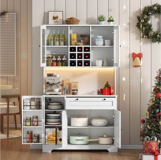 Flieks Küchenbuffet mit Steckdose, LED-Beleuchtung, Weinregal, Glastüren und Türablagen (1-St, 105x40x180 cm) Hochschrank Küchenschrank Geschirrschrank mit verstellbare Ablagen