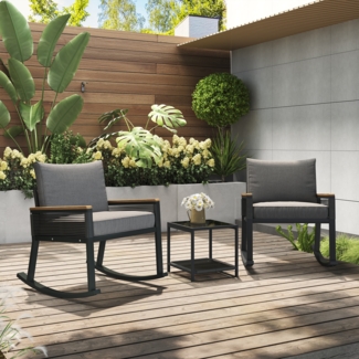 Gartenlounge-Set Outdoor Möbel Set – 2 Schaukelstühle, mit Seil, Couchtisch aus Glas, Sitzkissen und Rückenlehne