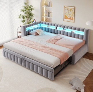 Merax Daybett mit LED-Beleuchtung und Ladeanschluss (Tagesbett Schlafsofa Sofabett Kinderbett, 1 tlg), Polsterbett 90x200cm mit Ausziehbett 90x190cm & Ablagefach, Samtbezug