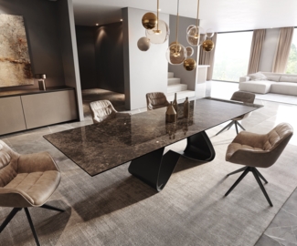 Esstisch Edge 200-300x100 Keramik Laminam® Emperador Extra Lucidato Dunkelbraun W-Gestell Schwarz ausziehbar