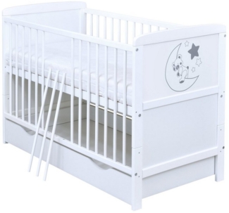 Baby-Delux Babybett Felix Teddy Mond Motiv Bettkasten, Kinderbett Gitterbett 140x70 weiß mit Beißschienen Schublade, Matratze