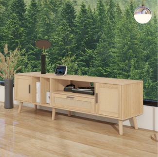 STILVORA TV-Schrank mit Rattanschubladen,TV-Schrank Fernsehschrank mit offene Regale,Natur (für einen 80-Zoll-Fernseher) 180-cm-TV-Schrank Rattan mit 2 Türen und einer Schublade