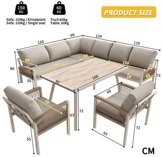 Celya Gartenlounge-Set L-förmiges Gartensofa für 8 Personen mit esstisch, (Inkl. 1 Tisch mit Holzoptik-Glasplatte und 2 handgeflochtenen Sesseln), Eisengestell mit beigen Kissen, Wetterfest