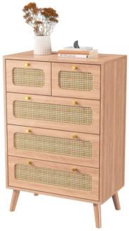 FUROKOY Sideboard Kommode Küchenschrank, Holzbeine (Buffetschrank Highboard mit 5 Rattan Geflechte Schubladen), für Schlafzimmer, Wohnzimmer, Flur, 60 x 34 x 91 cm