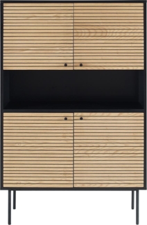 Highboard 100 x 40 cm MDF Schwarz Eichenholzfront geriffelt 4 Türig mit Fach