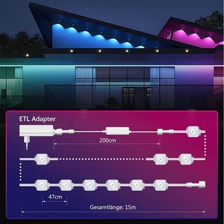 MUPOO LED Stripe LED-Lichterkette 15m/30m RGB LED Streifen Fernbedienung Bluetooth, Permanente Außenbeleuchtung Musik Sync, Timer