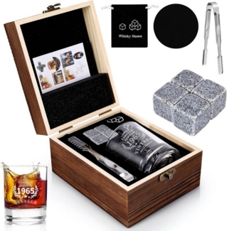 BlingBin Geschenkbox Geburtstag Geschenke Männer Vintage 1965 Whiskey Glas Set (1er Set, 6 St, Whiskey Glas Set), Mit 4 Whiskey Steine, Eiszange, Untersetzer, Samtbeutel
