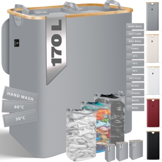 KESSER® Wäschekorb mit Deckel faltbar Wäschebox Wäschetruhe Wäschetonne | Wäschesammler mit herausnehmbaren Wäschesäcke | Laundry Baskets Wäschesortierter inkl. Waschhinweisen Grau, 170 L