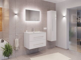 Badmöbel Set Firenze 80 3tlg. LED Spiegel und Hochschrank weiß hochglanz : Weiss hochglanz