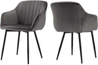 Samt Esszimmerstühle 2er Set Armlehne Gepolstert Dunkelgrau Metallbeine