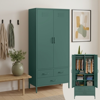 skølm 'Atria' Kleiderschrank mit 3 Schubladen, Metall, 170x45x80 cm, dunkelgrün, Garderobe mit 4 Fächern und 2 Kleiderstangen