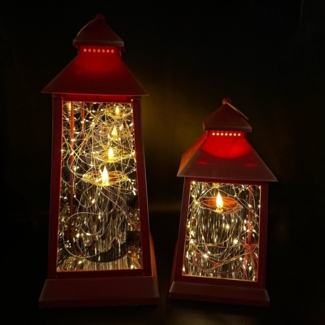 Online-Fuchs LED Laterne mit Stumpenkerze, LED Lichterkette, Timer und Funkeleffekt im Set, Outdoor geeignet, Warmweiß, Vintage-Look, Deko Laternen für draußen in Schwarz, Weiß oder Rot
