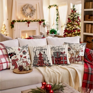 Jibenhome Kissenbezüge Weihnachten Kissenbezug 45x45cm,Leinen,4 Stück,für Dekokissen Deko, (4 Stück), Quadratisch Zierkissenbezug für Weihnachten Bett Sofa Esszimmer Deko