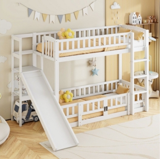TavilaEcon Etagenbett Kinderbett Jugendbett mit Sicherheitsgeländer, Rutsche, Treppe (Ohne Matratze), mehreren Regalen und ausziehbarer Kleintür, 90x200 cm