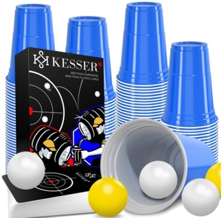 KESSER Beer Pong Becher Set mit Kartenset 54 Karten, 100 Stück, Kunststoff blau, 473 ml