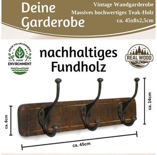 LS-LebenStil Wandgarderobe Vintage Teakholz Braun 45cm Garderobenleiste Garderobenhaken Garderobe (Nachhaltige Wandgarderobe 3 Haken 3-fach Doppelhaken -, Stabile Gusseisen Kleiderhaken Hakenleiste Mäntel Jacken)