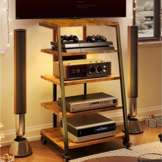 XERSEK Regalelement HiFi Rack Plattenspieler Tisch mit 2 RGB-LICHTER & Schwenkbaren Rollen, 60x52x110cm Holz HiFi Regal mit Verstellbare Ablage, für Plattenspieler Stereoanlagen Kompaktanlage