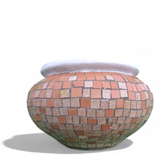 Pflanzgefäß Hortensie M– Quadratischen Mosaikdesign Hell Braun – Höhe 30 cm – Ø 40 cm – Handgefertigt aus Beton & Keramik-Mosaik