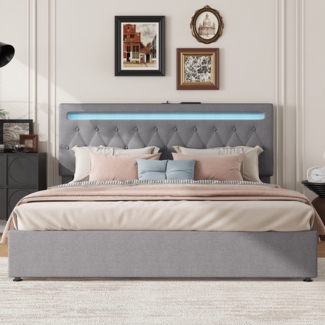 Polsterbett 180x200 cm mit Stauraum und LED-Beleuchtung aus Sackleinen – modern und komfortabel