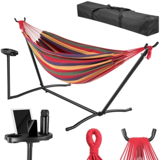 BAKAJI Brasilianische Garten-Hängematte mit Ständer aus Stahl und Getränkehalter, Telefon- und Tablet-Halter mit platzsparender Tragetasche, Tragfähigkeit 200 kg, ideal für den Innen- und Außenbereich