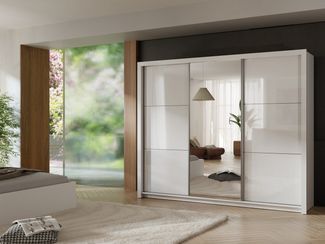 Home affaire Kleiderschrank LANDERY Garderobe mit Spiegel, 8 Fächer, 2 Kleiderstangen, Beleuchtung Schiebetürenschrank mit 3 Türen, Maße B/T/H: 252/67/213cm