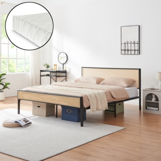 Metallbett Linköping mit rechteckigem Kopfteil und Matratze 160x200 cm Schwarz/Rattanoptik [en. casa]