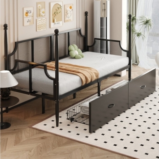 Ulife Metallbett Daybett Einzelbett Jugendbett Eisenbettsofa mit 2 Schubladen (Ohne Matratze), Netzrückenlehne und Armlehnen im Vintage-Stil, 90x200 cm