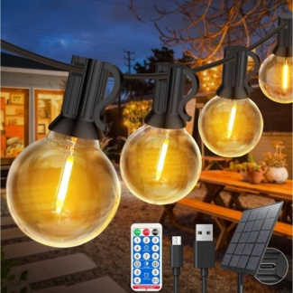 Tukrool Lichterkette LED-Lichterkette,8 Modi anpassen,LED-Solarleuchten mit G40-LED-Birnen, Fernbedienung Dimmen, Timing,65FT,30 LED-Glühbirnen Outdoor-Lichter