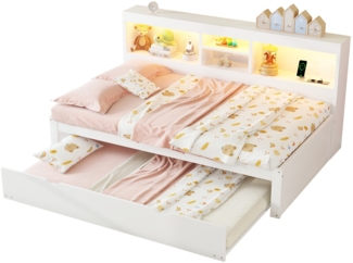 Massivholzbett mit Gästebett, 90x200 cm, Einzelbett mit LED-Beleuchtung, Mehrfachsteckdose und Lattenrost, Jugendbett
