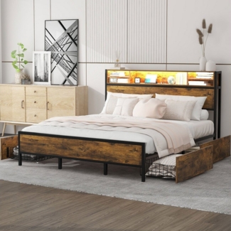 Ulife Metallbett Jugendbett Doppelbett mit Lattenrost und Kopfteil, LED-Bett mit USB-Ladeanschluss,180x200 cm