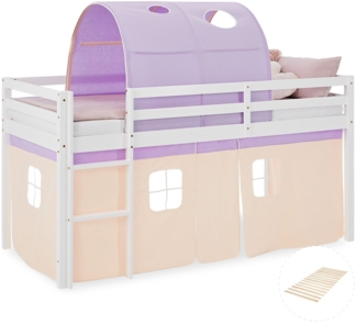 Hochbett Kinder 90x200 cm mit Lattenrost Kinderbett Kinderhochbett Stockbett Tunnel Vorhang Lila Peach Holz Massiv