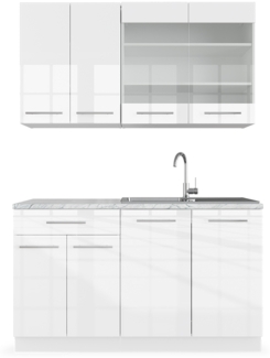 Singleküche Fame-Line Weiß Hochglanz/Weiß 140 cm , AP Marmor Vicco